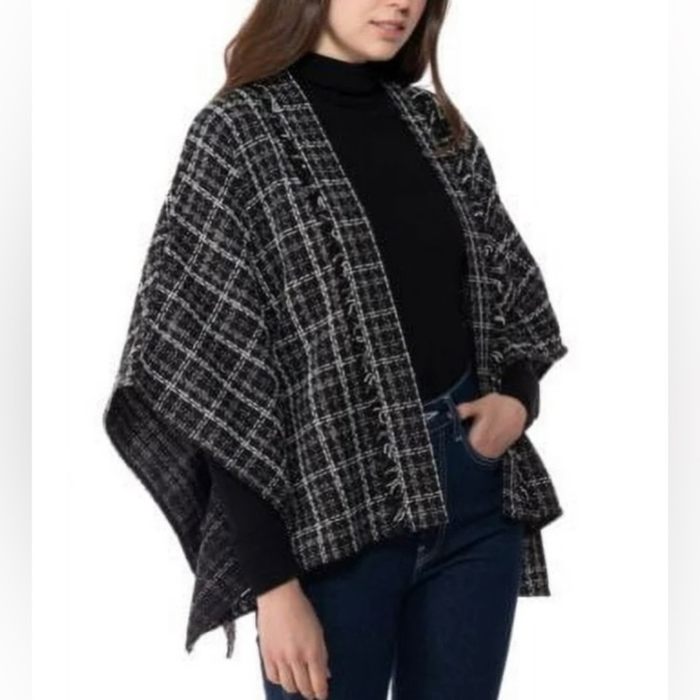 INC Women's Kimono Plaid One Size Tweed Open Jacket Cape OS NEW